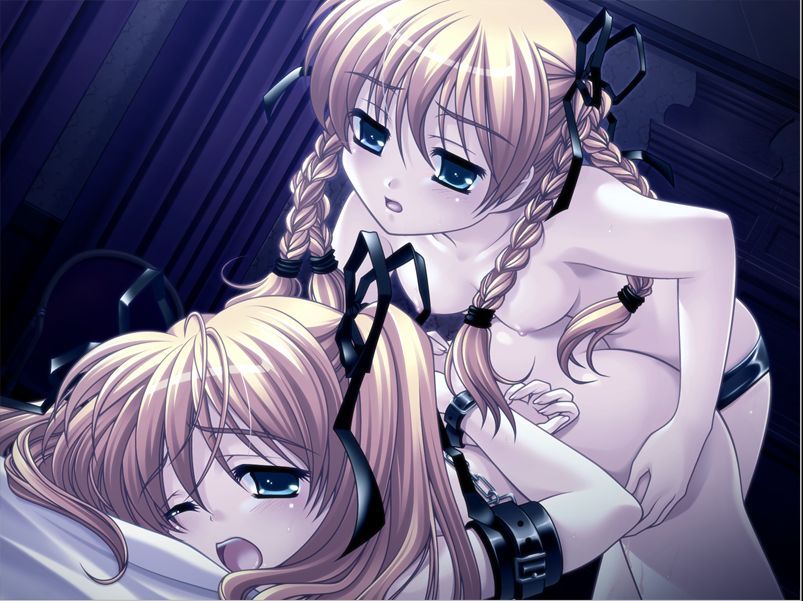 yuyi, imi (shinju no yakata), itsuki (shinju no yakata), meteor (company), shinju no yakata, game cg, jpeg artifacts, 2girls, arms behind back, bdsm, blonde hair, blue eyes, blush, bondage, bound, bound arms, bound wrists, braid, breasts, chain, cuffs, dildo, doggystyle, female focus, femdom, from behind, hair ribbon, incest, multiple girls, nipples, nude, one eye closed, open mouth, ribbon, sex, sex from behind, sex toy, siblings, sisters, small breasts, strap-on, top-down bottom-up, topless female, torso grab, twincest, twins, twintails, underwear, wince, wink, yuri
