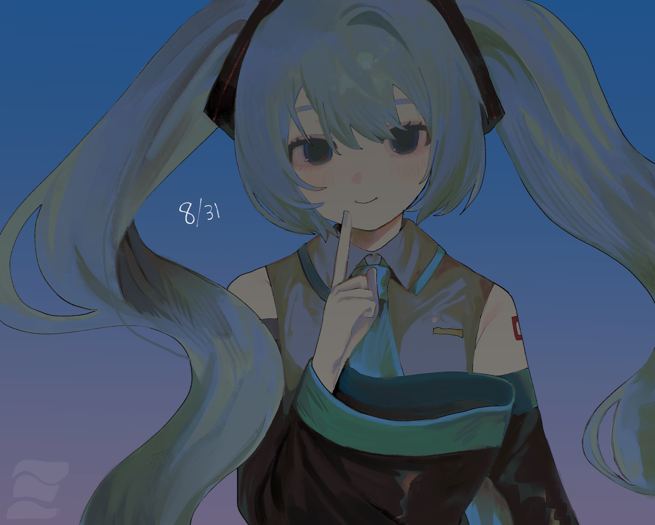 hatsune miku, vocaloid, highres, 1girl, 77miteto, bare shoulders, black eyes, black sleeves, blue background, blue hair, blue necktie, closed mouth, collared shirt, detached sleeves, finger to mouth, finger to own chin, gradient background, grey shirt, hair between eyes, hair ornament, hand up, index finger raised, long hair, long sleeves, looking at viewer, necktie, shirt, sleeveless, sleeveless shirt, smile, solo, tattoo, twintails, upper body, very long hair