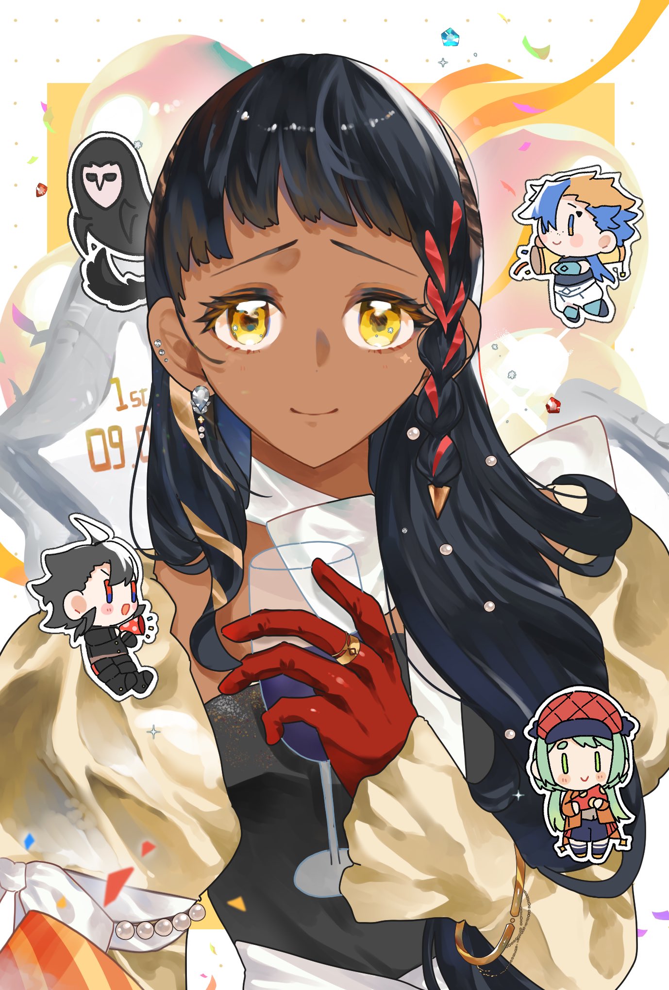 desscaras, gokuraku (madan no ichi), ichi (madan no ichi), king uroro, kumugi (madan no ichi), madan no ichi, highres, 2boys, 2girls, black hair, braid, chibi, closed mouth, cup, dark-skinned female, dark skin, diamond earrings, dress, ear piercing, earrings, flahmm8hrd6447, gloves, gold ring, gold sleeves, holding, holding cup, jewelry, long hair, multicolored hair, multiple boys, multiple girls, piercing, red gloves, red hair, single braid, solo focus, streaked hair, stud earrings, upper body, yellow eyes