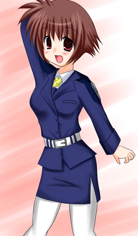 cross (crossryou), amy limietta, lyrical nanoha, mahou shoujo lyrical nanoha, 00s, 1girl, :d, arm up, belt, belt buckle, blush, breast pocket, brown eyes, brown hair, buckle, buttons, cowboy shot, female focus, jacket, long sleeves, looking at viewer, open mouth, panties, pantyhose, pocket, police, police uniform, policewoman, purple jacket, purple panties, side slit, smile, solo, standing, tareme, underwear, white pantyhose