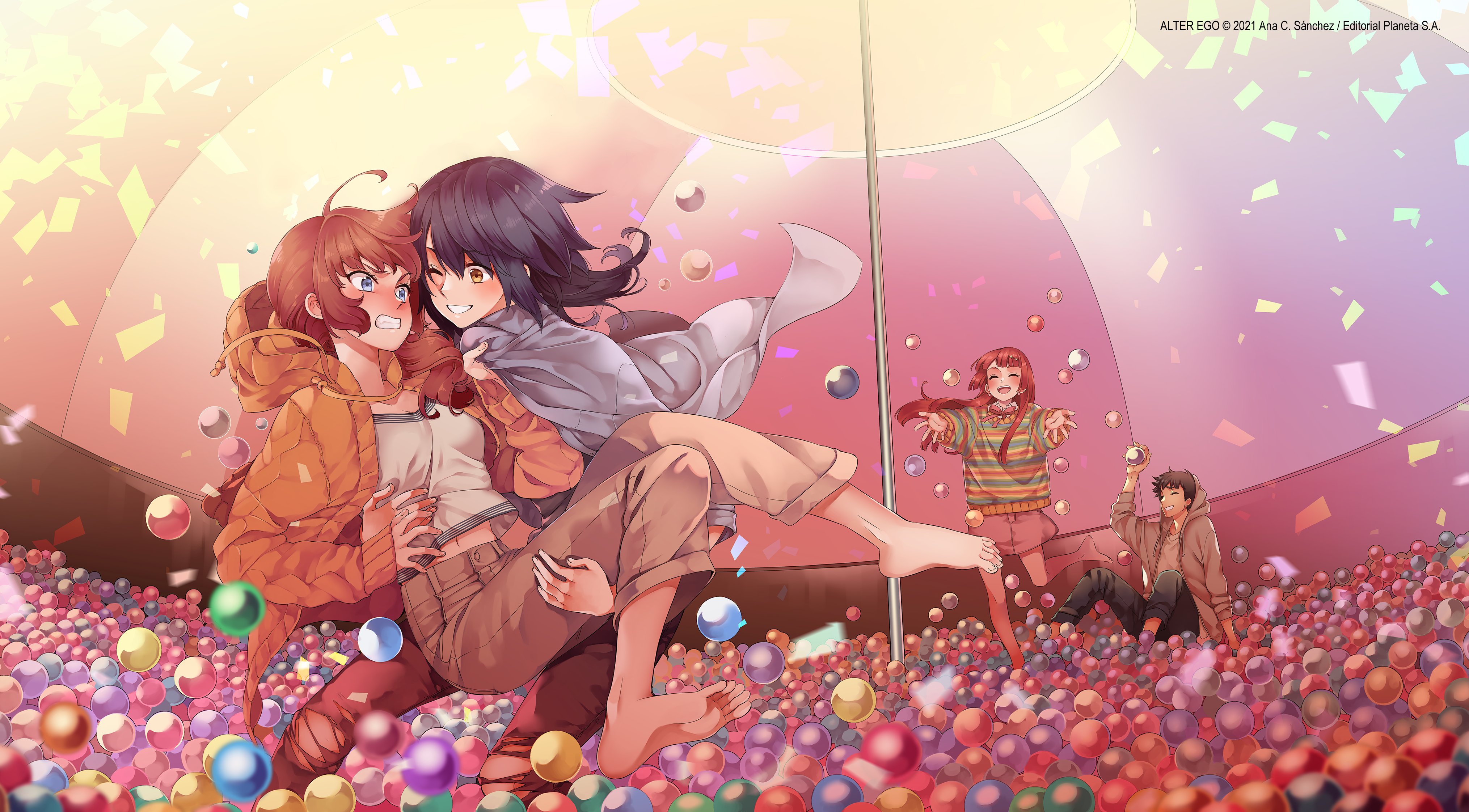 ana c. sanchez, absurdres, character request, commentary, copyright request, highres, official art, symbol-only commentary, 1boy, 3girls, artist name, ball pit, barefoot, black hair, black pants, blue eyes, brown eyes, brown hair, brown hoodie, brown pants, carrying, clenched teeth, confetti, grin, hood, hoodie, long hair, multiple girls, one eye closed, pants, pink skirt, princess carry, shirt, short hair, skirt, smile, straight hair, striped clothes, striped shirt, teeth, tsundere, yuri