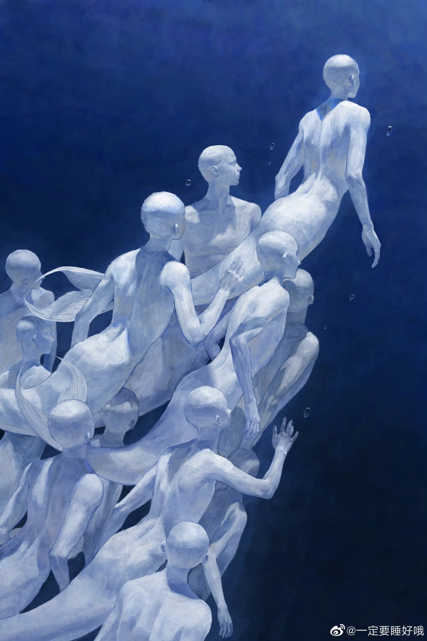 sleell11, original, highres, 6+others, ambiguous gender, androgynous, bald, bubble, crowd, from behind, kneeless mermaid, looking up, mermaid, monster girl, multiple others, other focus, people, swimming, underwater, watermark, weibo username, weibo watermark