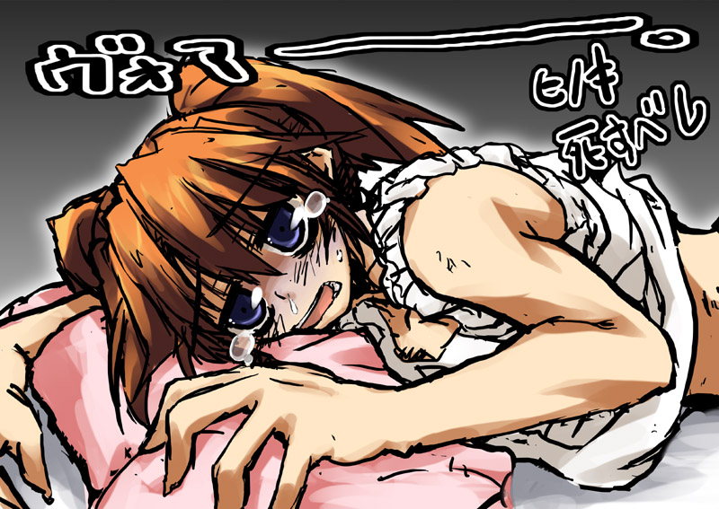 teana lanster, lyrical nanoha, mahou shoujo lyrical nanoha, mahou shoujo lyrical nanoha strikers, translated, 00s, blue eyes, brown hair, pillow, solo, tears
