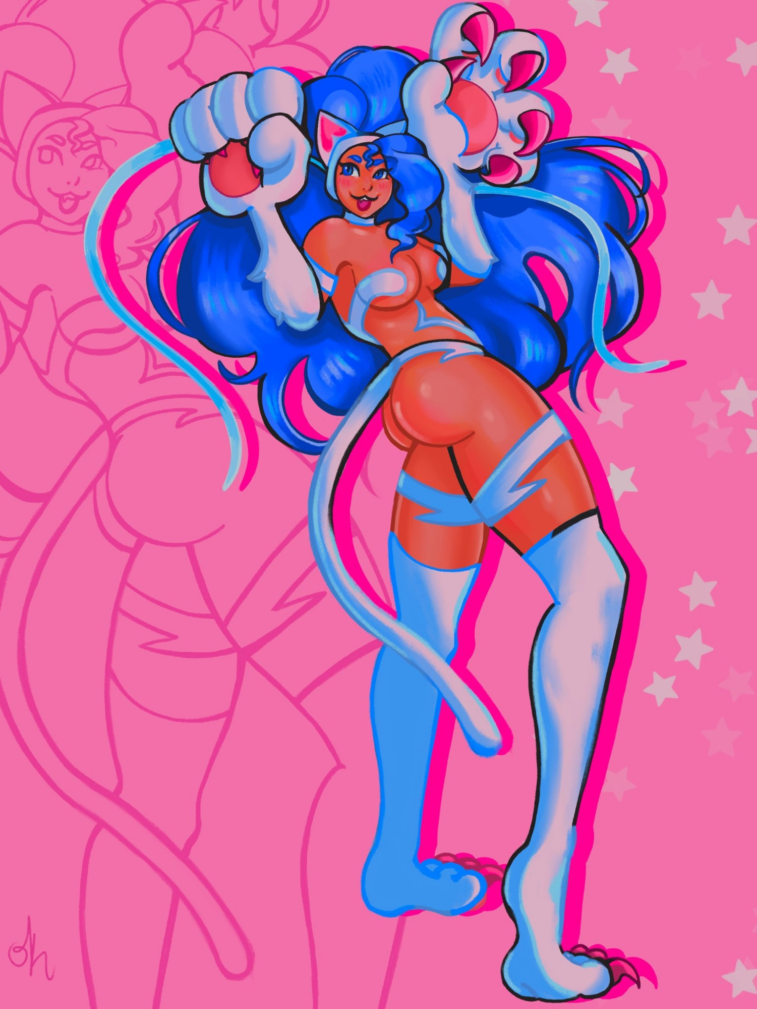 felicia (darkstalkers), darkstalkers, 1girl, animal ears, animal hands, ass, blue eyes, blue hair, breasts, cat ears, cat tail, long hair, medium breasts, star (symbol), starmooop, tail, teeth, upper teeth only, very long hair, white fur