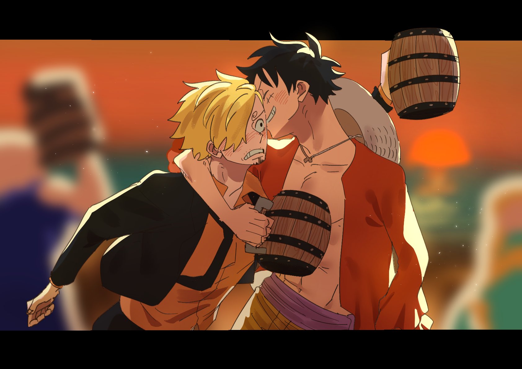 u uown, monkey d. luffy, sanji (one piece), one piece, commentary request, highres, 2boys, arm around neck, arm up, black hair, black jacket, black necktie, black pants, blonde hair, blurry, blurry background, blush, clenched teeth, closed eyes, collarbone, collared shirt, cup, curly eyebrows, facial hair, facial scar, goatee, grin, groin, hair over one eye, hat, holding, holding cup, jacket, letterboxed, looking at another, male focus, multiple boys, navel, necktie, ocean, one eye covered, open clothes, open collar, open jacket, open shirt, orange shirt, pants, pectorals, red shirt, scar, scar on cheek, scar on face, shirt, short hair, smile, straw hat, suit jacket, sun, sunset, tankard, teeth, unworn headwear, upper body, wide-eyed, wing collar, yaoi, yellow pants