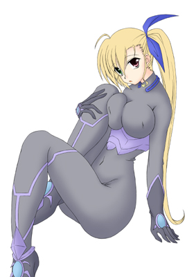 sakura yuu, vivio, lyrical nanoha, mahou shoujo lyrical nanoha, mahou shoujo lyrical nanoha strikers, lowres, unfinished, 00s, aged up, blonde hair, bodysuit, gloves, heterochromia, long hair, ponytail, solo, very long hair
