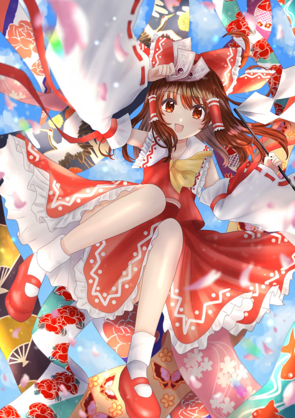 erika89168495, hakurei reimu, touhou, commentary request, highres, 1girl, :d, animal print, aqua ribbon, ascot, bird print, black ribbon, blue sky, bow, brown hair, brown ribbon, butterfly print, cherry blossom print, cloud, collar, detached sleeves, egasumi, fan print, fish print, floral print, frilled bow, frilled collar, frilled hair tubes, frills, full body, gohei, hair bow, hair tubes, holding, holding gohei, holding ofuda, knees up, light blush, long hair, long sleeves, looking at viewer, mary janes, midriff, nontraditional miko, ofuda, open mouth, peony print, petticoat, pink ribbon, print ribbon, purple ribbon, red bow, red eyes, red shirt, red shoes, red skirt, ribbon, ribbon-trimmed sleeves, ribbon trim, shirt, shoes, skirt, sky, smile, socks, solo, striped ribbon, white collar, white sleeves, white socks, yellow ascot, yellow ribbon, yin yang