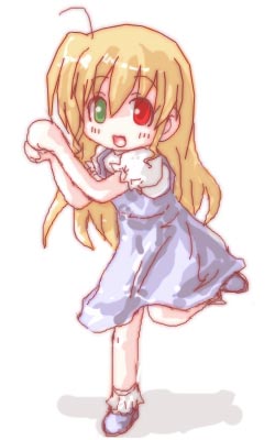 vivio, lyrical nanoha, mahou shoujo lyrical nanoha, mahou shoujo lyrical nanoha strikers, lowres, 00s, 1girl, casual, female focus, heterochromia, solo