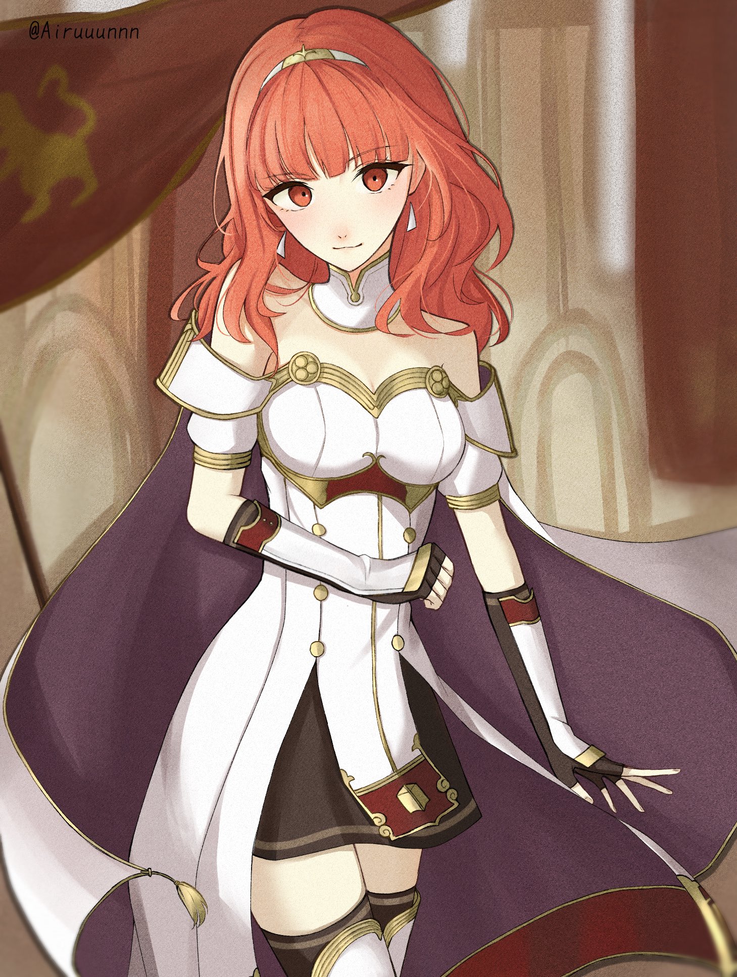 arururunnnn, celica (fire emblem), fire emblem, fire emblem echoes: shadows of valentia, nintendo, highres, 1girl, armor, bare shoulders, blush, breastplate, breasts, cape, cleavage, closed mouth, dress, earrings, fingerless gloves, gloves, hairband, jewelry, long hair, looking at viewer, medium breasts, orange eyes, orange hair, princess, red eyes, red hair, smile, solo, thighhighs, tiara, white armor, white dress