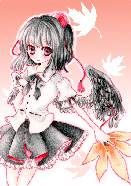 miri, miri (tobira no mukou), shameimaru aya, touhou, traditional media, 1girl, female focus, hand fan, hat, holding, holding fan, looking at viewer, solo