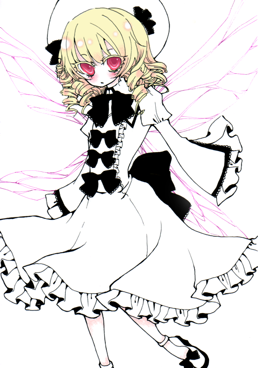 miri, miri (tobira no mukou), luna child, eastern and little nature deity, touhou, 1girl, bow, colored eyelashes, dress, eyelashes, female focus, frills, no nose, ribbon, solo