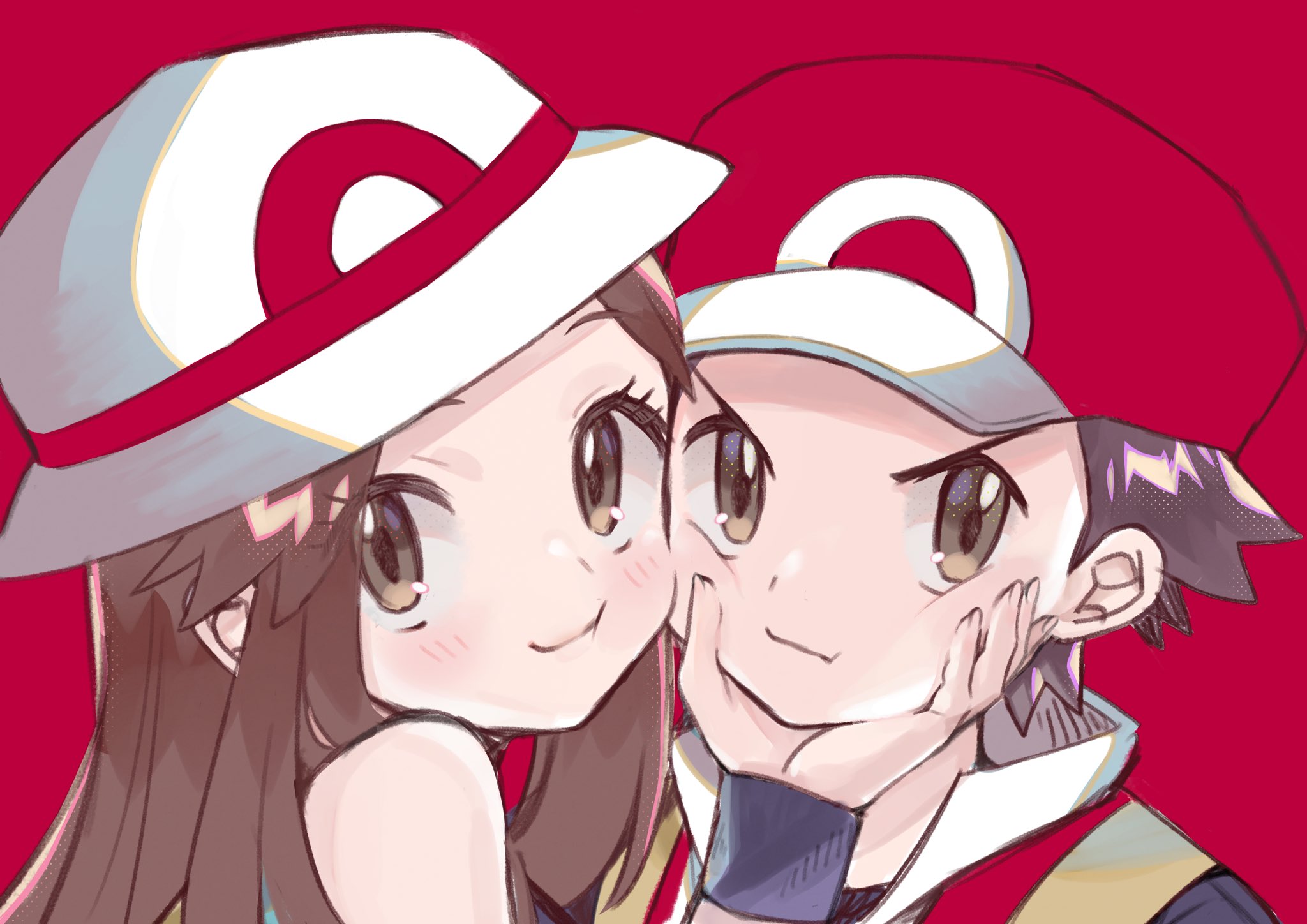abe (kumayu), leaf (pokemon), red (pokemon), nintendo, pokemon, pokemon frlg, highres, 1boy, 1girl, bare shoulders, baseball cap, black hair, blue shirt, blush, brown eyes, brown hair, closed mouth, hat, long hair, looking at viewer, red hat, shirt, short hair, sleeveless, smile, squeezing cheeks, upper body, white hat