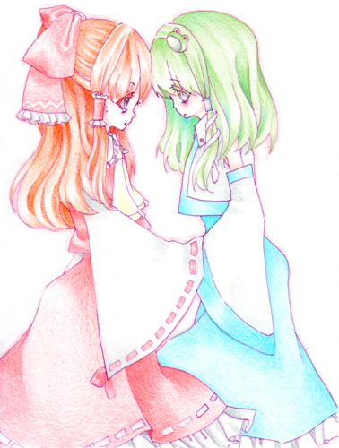 miri, miri (tobira no mukou), hakurei reimu, kochiya sanae, touhou, lowres, traditional media, 2girls, colored eyelashes, detached sleeves, female focus, japanese clothes, miko, multiple girls, profile, wide sleeves