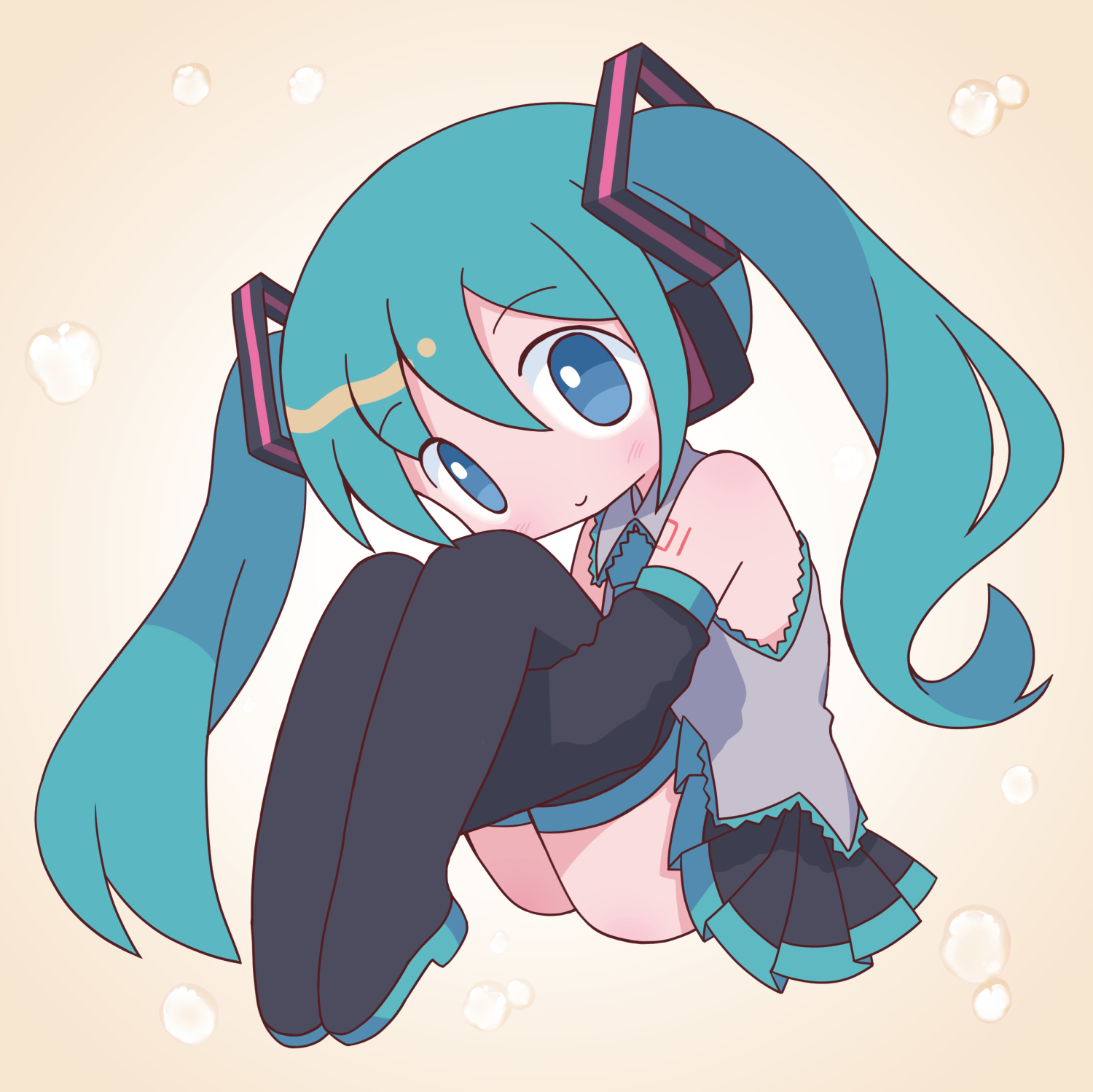ma-bonasu, hatsune miku, vocaloid, commentary request, highres, 1girl, bare shoulders, black boots, black skirt, blue eyes, blue hair, boots, chibi, chibi only, detached sleeves, full body, grey shirt, hugging own legs, looking at viewer, number tattoo, pink background, pleated skirt, shirt, shoulder tattoo, skirt, sleeveless, sleeveless shirt, smile, solo, tattoo, thigh boots, thighs, twintails