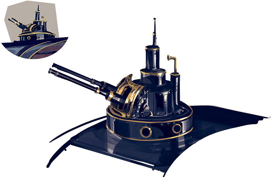 ben lo, bioshock, bioshock (series), bioshock infinite, redrawn, aircraft, airship, close-up, multiple views, no humans, painterly, reference inset, ship turret, simple background, spyglass, still life, vehicle focus, white background