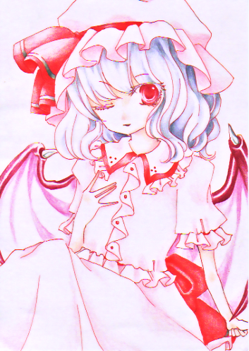 miri, miri (tobira no mukou), remilia scarlet, touhou, lowres, 1girl, colored eyelashes, female focus, hat, one eye closed, pink hat, solo, wings, wink
