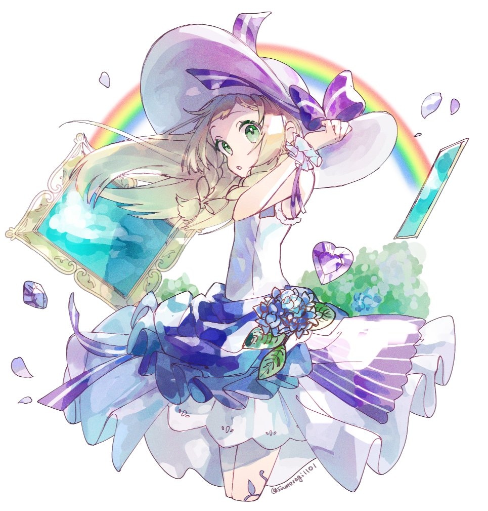 sumeragi1101, lillie (pokemon), nintendo, pokemon, pokemon sm, commentary request, 1girl, :o, alternate costume, blonde hair, blue flower, bow, braid, dress, flower, from side, green eyes, hand up, hat, hat bow, long hair, petals, purple bow, purple ribbon, ribbon, signature, solo, sun hat, twin braids, white dress, wrist cuffs