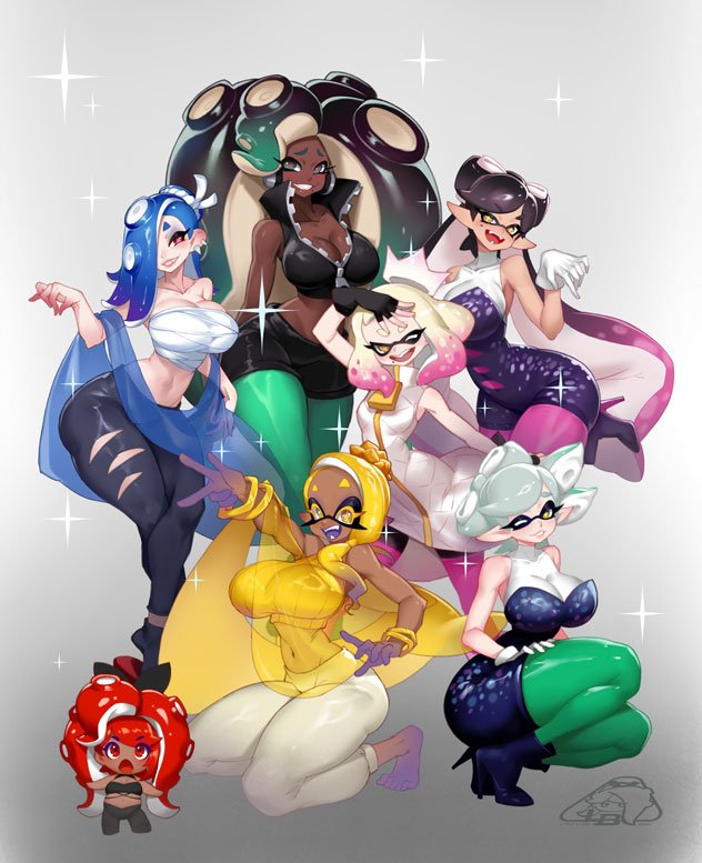 little blood, callie (splatoon), frye (splatoon), marie (splatoon), marina (splatoon), shiver (splatoon), original, splatoon (series), splatoon 1, splatoon 2, splatoon 3, breasts, dark-skinned female, dark skin, jewelry, large breasts, multiple girls, necklace, pearl necklace