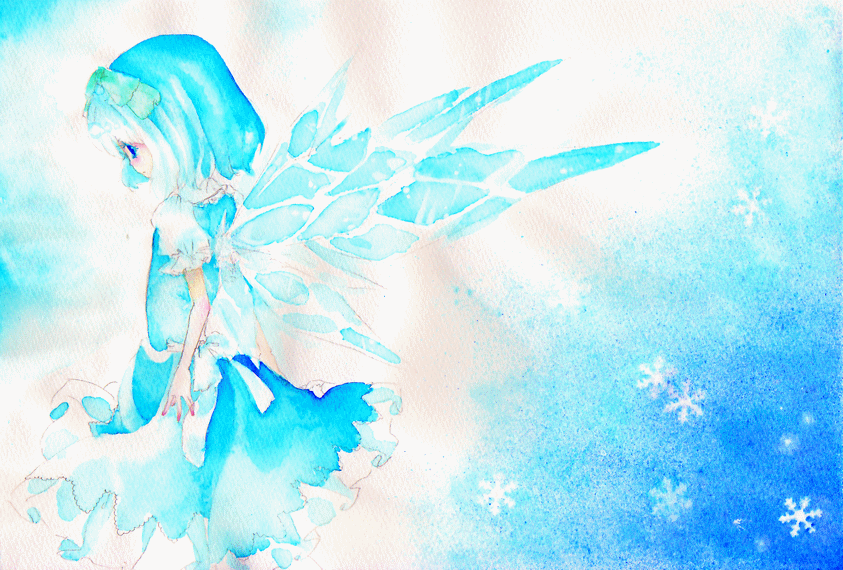 miri, miri (tobira no mukou), cirno, touhou, traditional media, 1girl, arms at sides, blue dress, blue hair, blue theme, blush, bow, colored eyelashes, cowboy shot, dress, fairy, female focus, frilled sleeves, frills, from side, gradient hair, green bow, hair bow, ice, ice wings, multicolored hair, nail polish, pink nails, profile, puffy short sleeves, puffy sleeves, short hair, short sleeves, snowflakes, solo, standing, wings