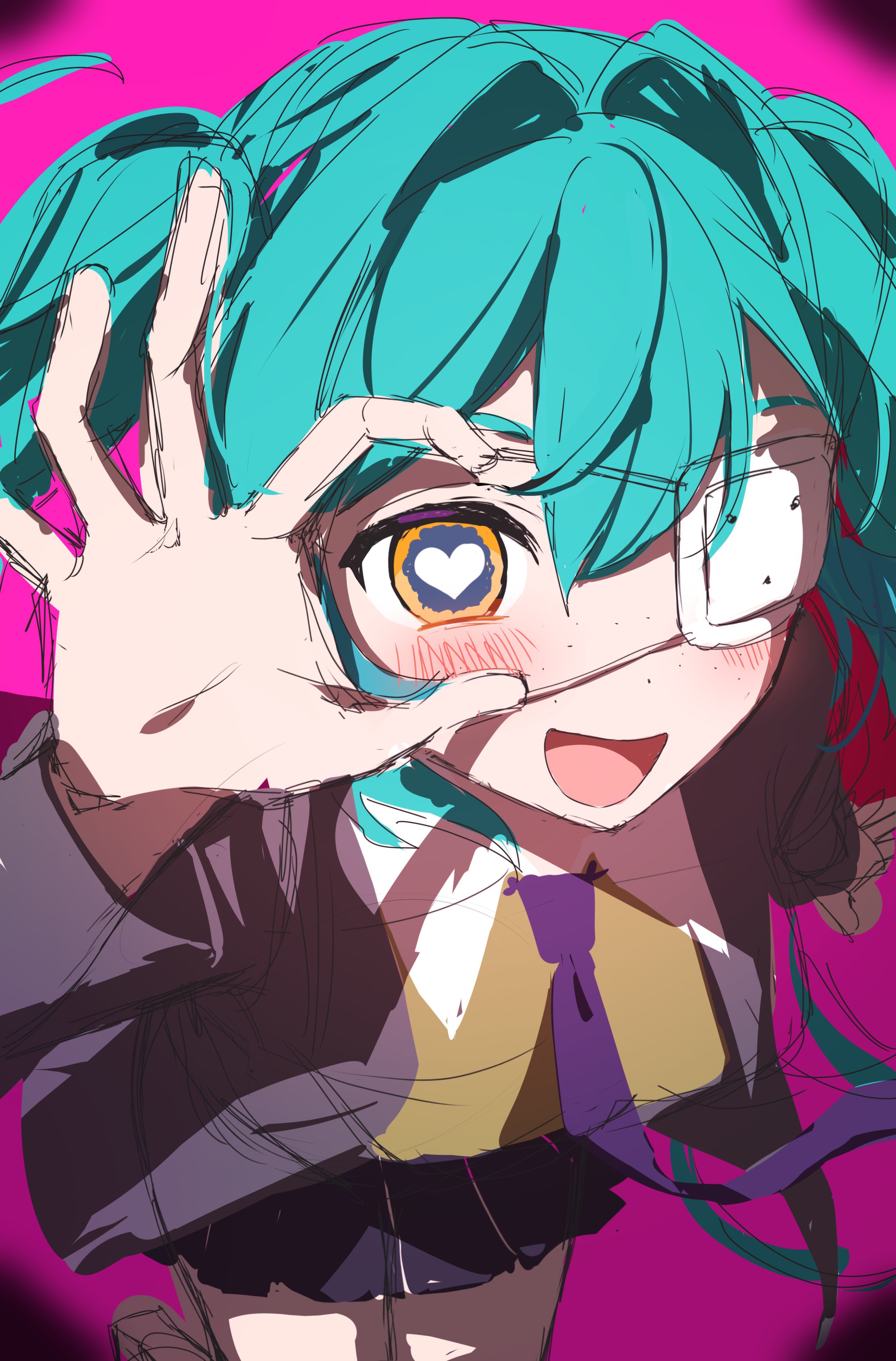 aruminsuko, hatsune miku, monitoring (vocaloid), vocaloid, absurdres, highres, 1girl, :d, aqua hair, black jacket, black skirt, blush, collared shirt, eyepatch, hair between eyes, hair intakes, heart, heart-shaped pupils, heart in eye, jacket, long hair, long sleeves, looking at viewer, medical eyepatch, necktie, open clothes, open jacket, open mouth, pink background, pleated skirt, purple necktie, school uniform, shirt, sketch, skirt, smile, solo, symbol-shaped pupils, symbol in eye, twintails, white shirt, yellow eyes