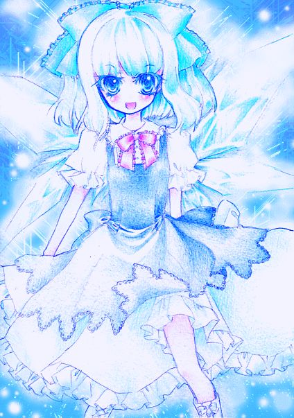 miri, miri (tobira no mukou), cirno, touhou, traditional media, 1girl, colored eyelashes, female focus, solo