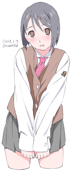 shiwasu takashi, original, bad id, bad pixiv id, 1girl, black hair, blush, brown eyes, cowboy shot, cropped legs, female focus, necktie, school uniform, serafuku, short hair, skirt, skirt tug, solo, vest