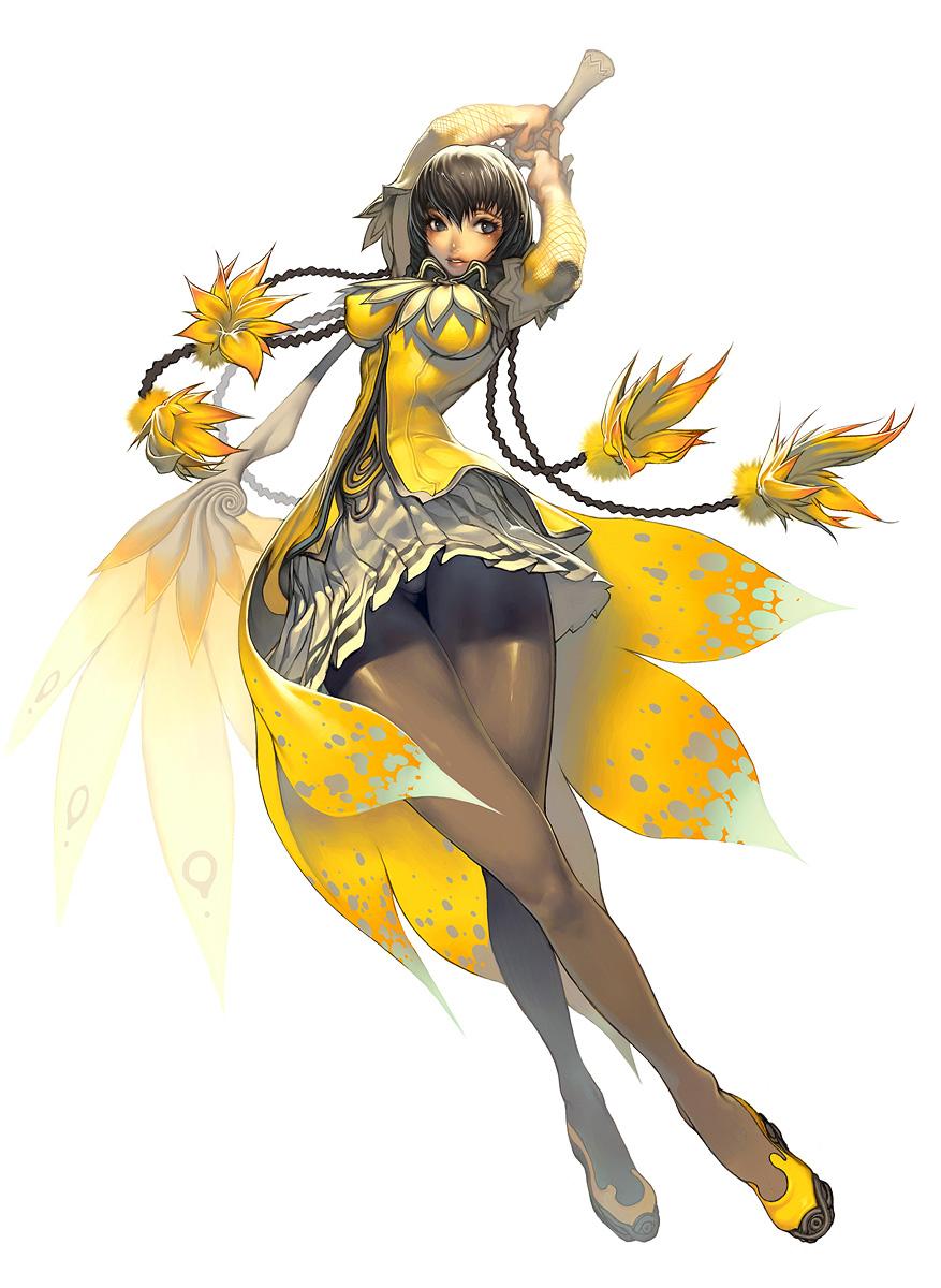 kim hyung tae, reith, magna carta, magna carta crimson stigmata, brown legwear, highres, arms up, black eyes, braid, breasts, brown hair, hair ornament, impossible clothes, impossible shirt, large breasts, long hair, narrow waist, panties, panties under pantyhose, pantyhose, pleated skirt, shirt, simple background, skirt, solo, underwear, upskirt