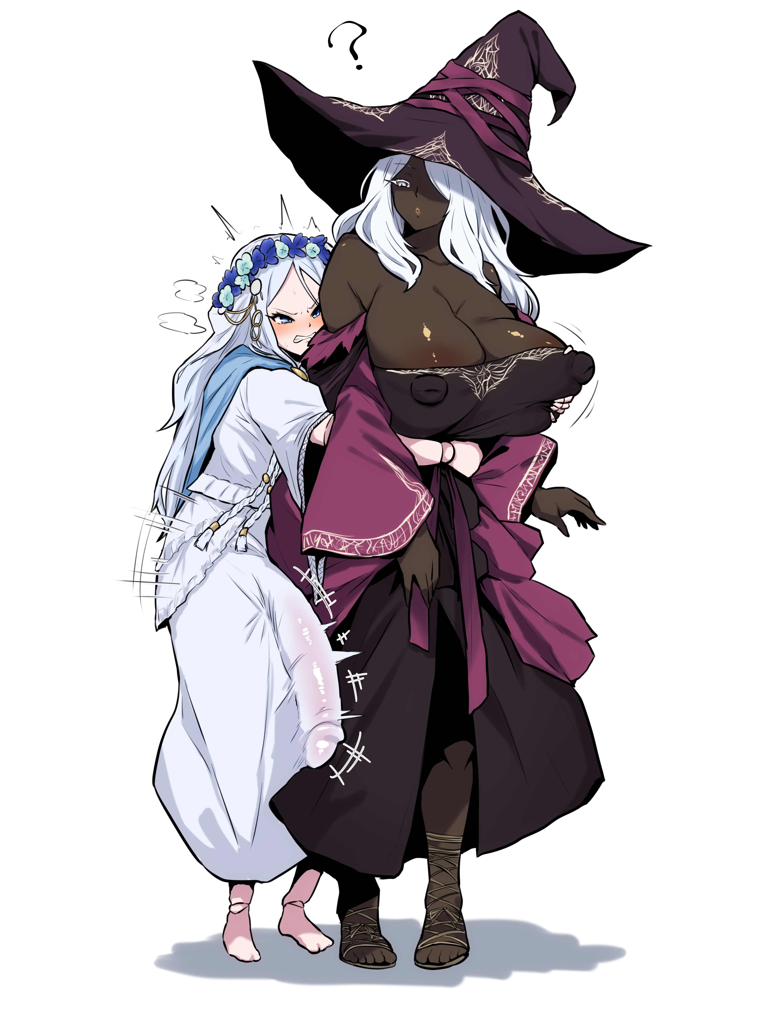 mochiume9, recluse (elden ring), revenant (elden ring), elden ring, elden ring nightreign, absurdres, highres, 2girls, ?, areola slip, black dress, black hat, blue eyes, breasts, cleavage, clenched teeth, covered erect nipples, covered penis, dark-skinned female, dark skin, doll joints, dress, flower wreath, futa with female, futanari, grabbing another's breast, grabbing from behind, groping, hat, height difference, hug, hug from behind, huge breasts, huge penis, joints, long hair, multiple girls, penis, simple background, standing, teeth, very dark skin, white background, white dress, white hair, witch hat