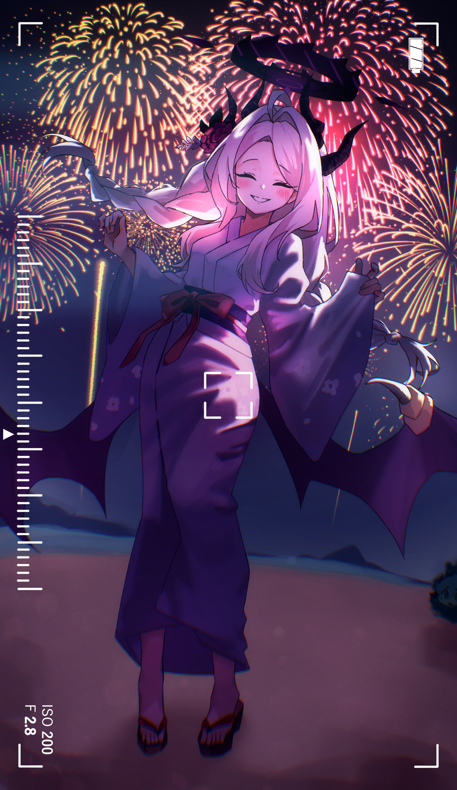 takamalu08 12, hina (blue archive), blue archive, absurdres, highres, 1girl, demon girl, demon horns, demon wings, full body, horns, japanese clothes, kimono, looking at viewer, purple eyes, solo, standing, white hair, wings, yukata