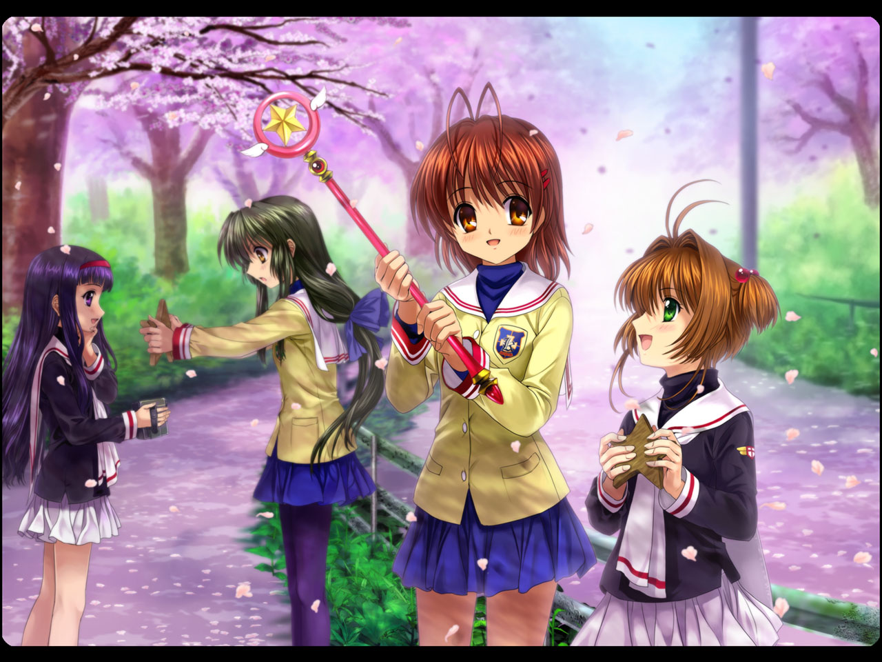 mutsuki (moonknives), daidouji tomoyo, furukawa nagisa, ibuki fuuko, kinomoto sakura, cardcaptor sakura, clannad, key (company), kodansha, 00s, 1990s (style), 4girls, antenna hair, blush, brown eyes, brown hair, camcorder, camera, cherry blossoms, child, crossover, green eyes, hair bobbles, hair ornament, hairband, hairclip, hoshi no tsue, long hair, low-tied long hair, magical girl, multiple girls, name connection, object namesake, pantyhose, retro artstyle, school uniform, serafuku, skirt, starfish, tomoeda middle school uniform, video camera, wand