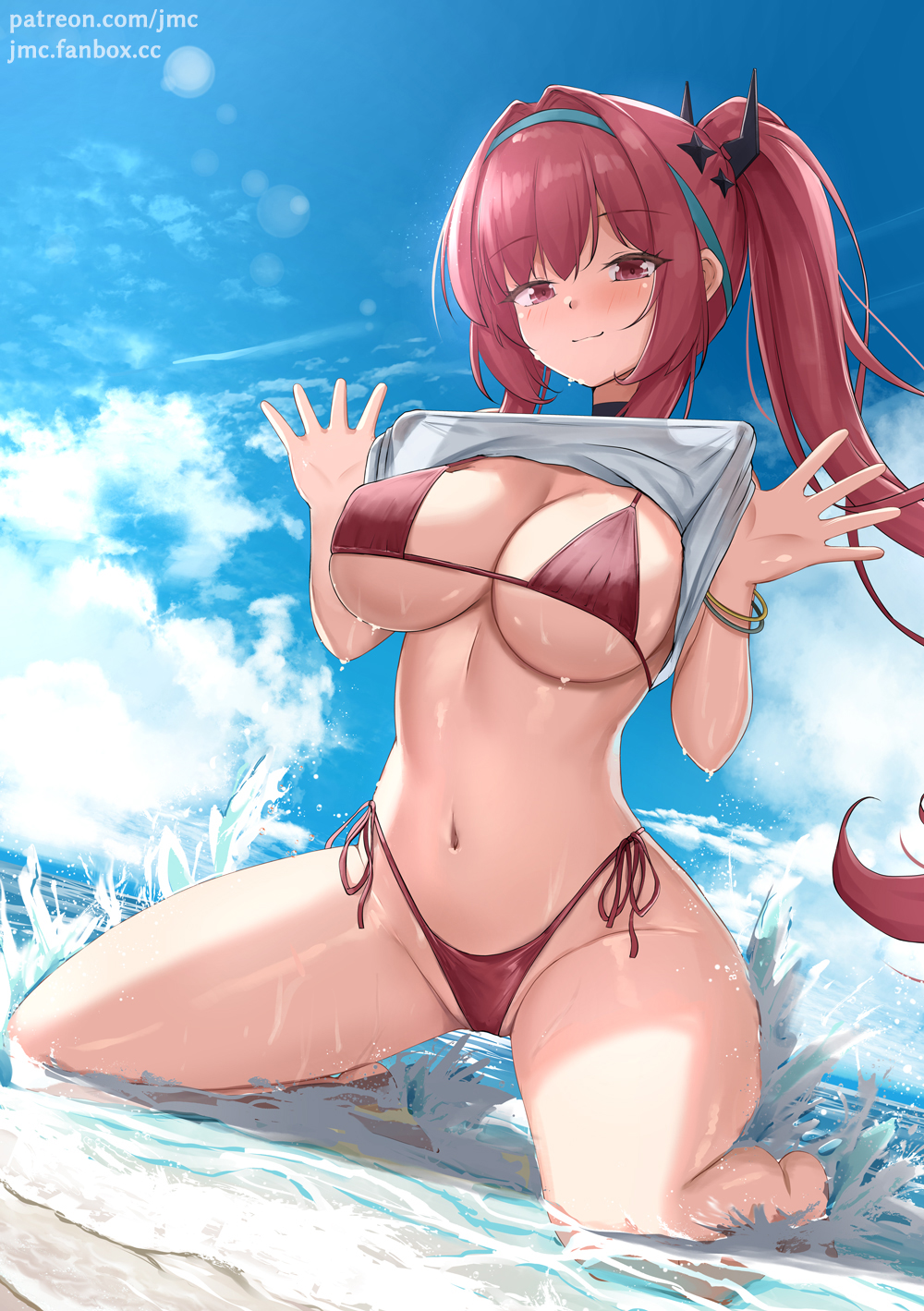 joko jmc, rapi (nikke), rapi (red hood) (nikke), rapi (red hood) (red flavor) (nikke), goddess of victory: nikke, highres, 1girl, beach, bikini, black choker, blue sky, bracelet, choker, clothes lift, cloud, day, hairband, high ponytail, jewelry, kneeling, lifting own clothes, ocean, open hands, outdoors, ponytail, red bikini, red eyes, red hair, shirt lift, side-tie bikini bottom, sky, solo, swimsuit, water, wet