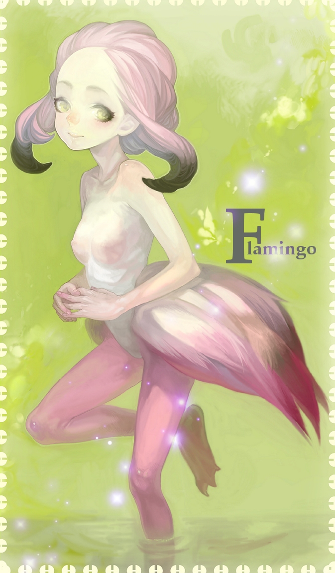 kima, original, bad id, bad pixiv id, 1girl, bird, female focus, flat chest, green eyes, monster girl, partially submerged, pink hair, solo, standing, water
