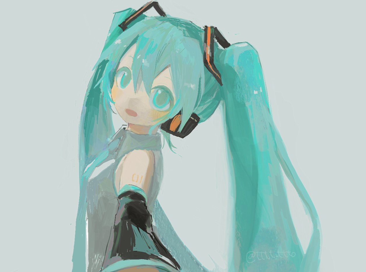 ttopoko, hatsune miku, vocaloid, 1girl, aqua eyes, aqua hair, aqua necktie, bare shoulders, black sleeves, collared shirt, detached sleeves, from side, grey background, grey shirt, hair between eyes, hair ornament, headphones, headset, long hair, looking at viewer, looking to the side, necktie, open mouth, shirt, simple background, sleeveless, sleeveless shirt, smile, solo, tattoo, twintails, twitter username, upper body, very long hair