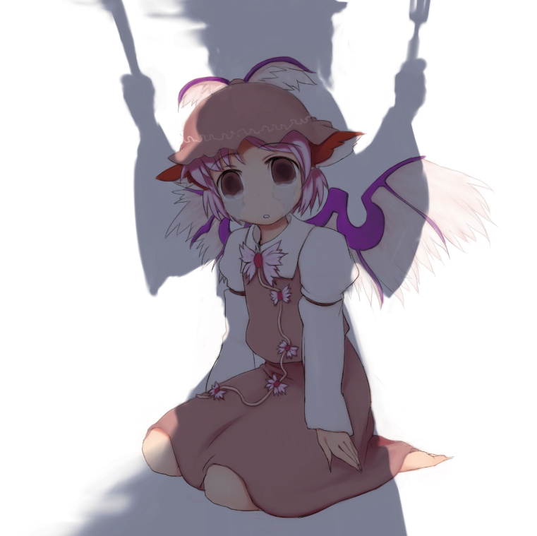7c, mystia lorelei, saigyouji yuyuko, touhou, 1girl, barefoot, brown eyes, empty eyes, female focus, fork, hat, knife, pink hair, seiza, shadow, sitting, solo, tears, wings