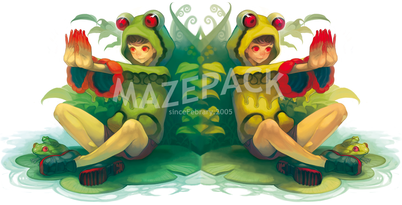 kima, original, bad id, bad pixiv id, gender request, androgynous, animal costume, frog, frog costume, plant, red eyes, sitting, water