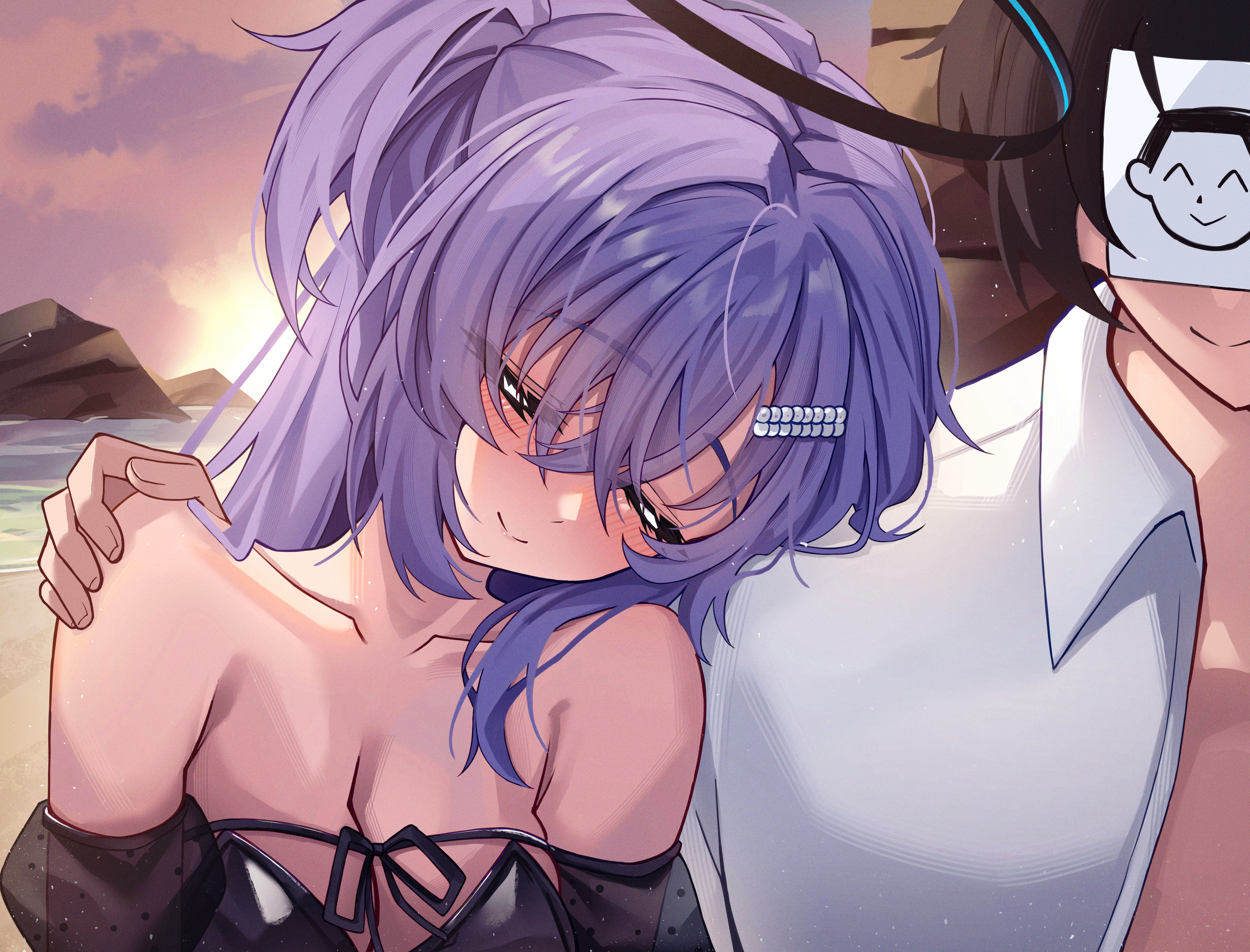 hidel, doodle sensei (blue archive), sensei (blue archive), yuuka (blue archive), blue archive, absurdres, highres, 1boy, 1girl, bare shoulders, bikini, black bikini, black hair, black halo, breasts, cleavage, closed eyes, closed mouth, collarbone, crossed bangs, hair between eyes, halo, hand on another's shoulder, head on another's shoulder, long hair, open clothes, open shirt, purple hair, shirt, sidelocks, smile, swimsuit, white shirt