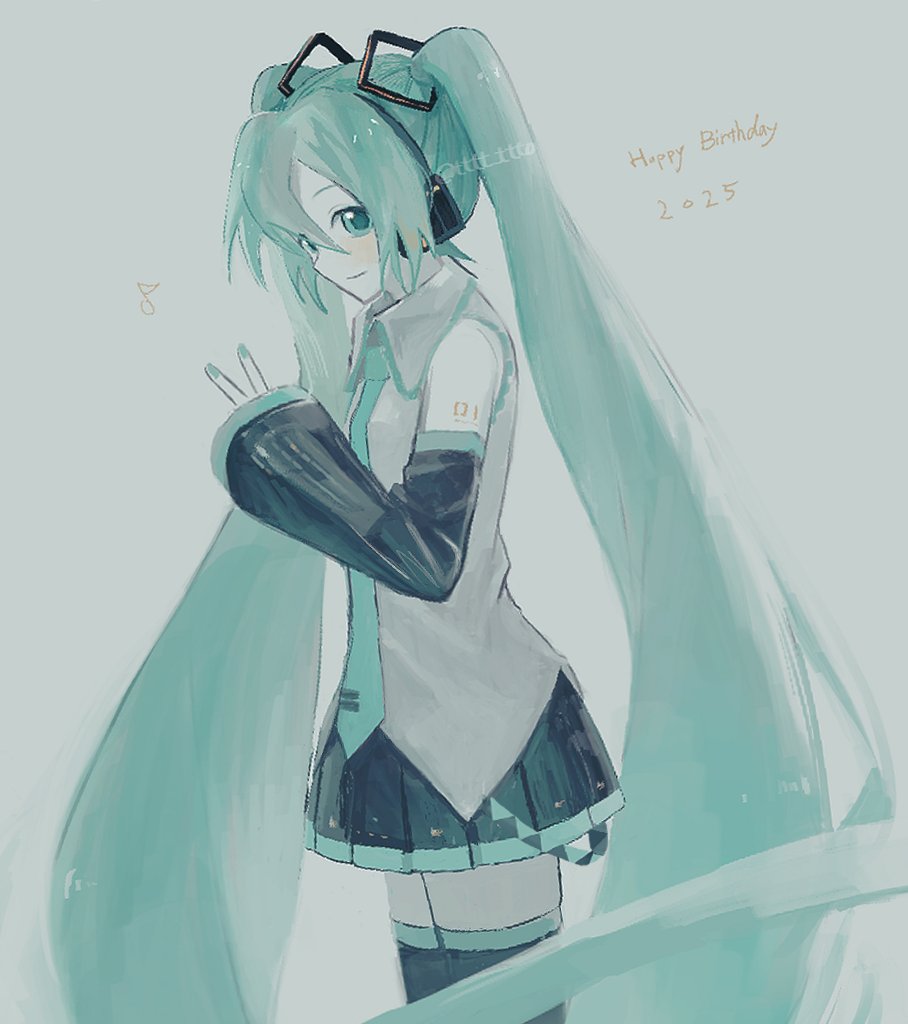 ttopoko, hatsune miku, vocaloid, 1girl, aqua eyes, aqua hair, aqua nails, aqua necktie, bare shoulders, black skirt, black sleeves, black thighhighs, closed mouth, collared shirt, cowboy shot, dated, detached sleeves, eighth note, from side, grey shirt, hair between eyes, hair ornament, hand up, happy birthday, headphones, long hair, looking at viewer, musical note, necktie, number tattoo, pleated skirt, shirt, shoulder tattoo, simple background, skirt, sleeveless, sleeveless shirt, smile, solo, tattoo, thighhighs, twintails, very long hair, zettai ryouiki