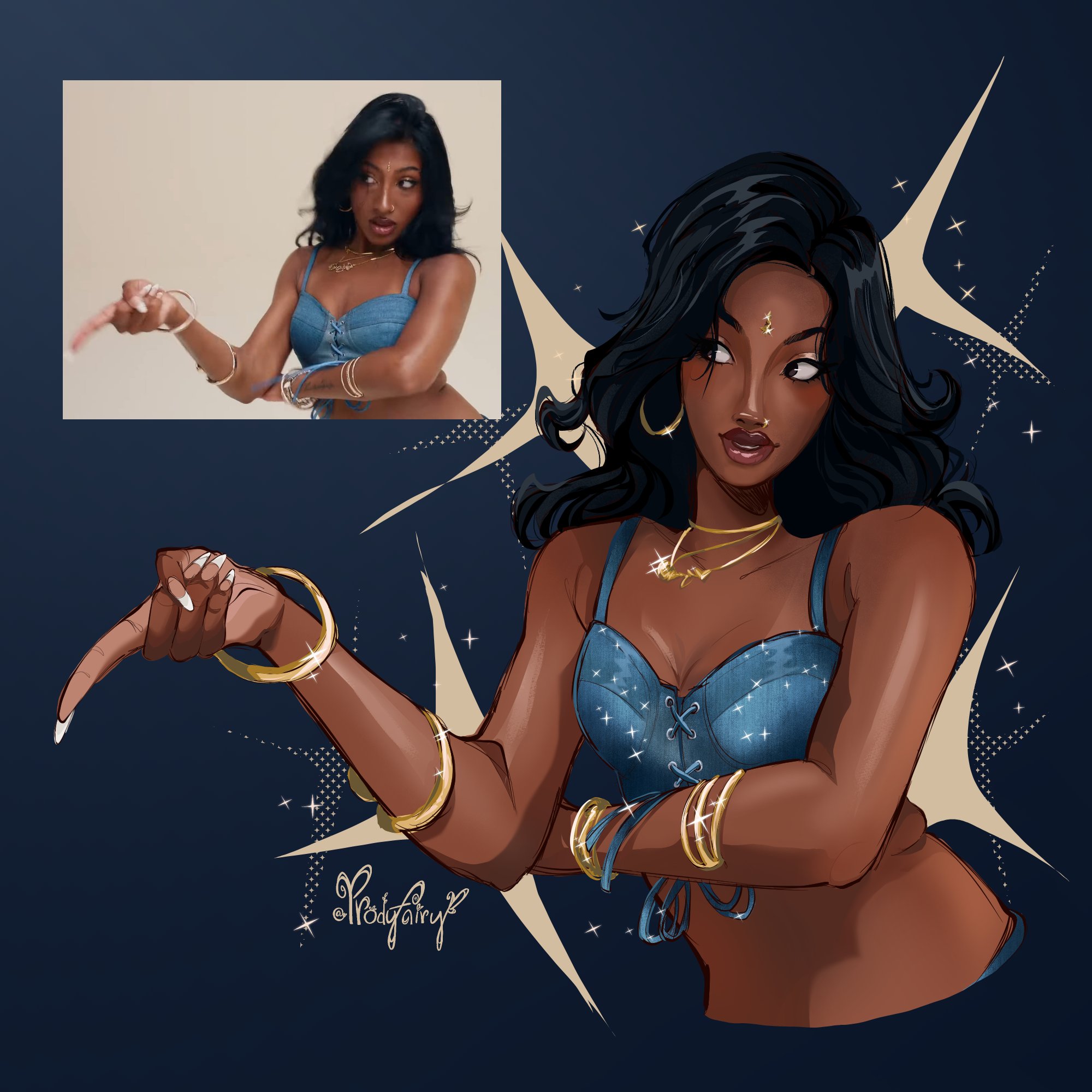 prodyfairy, real life, commentary, english commentary, highres, 1girl, arm across waist, bindi, black eyes, black hair, blue background, blue tank top, bracelet, crop top, dark-skinned female, dark skin, denim, earrings, face piercing, french tips, gold bracelet, hoop earrings, jewelry, katseye, lara (katseye), long hair, multiple bracelets, necklace, nose piercing, nose ring, piercing, pointing, reference inset, signature, solo, tank top