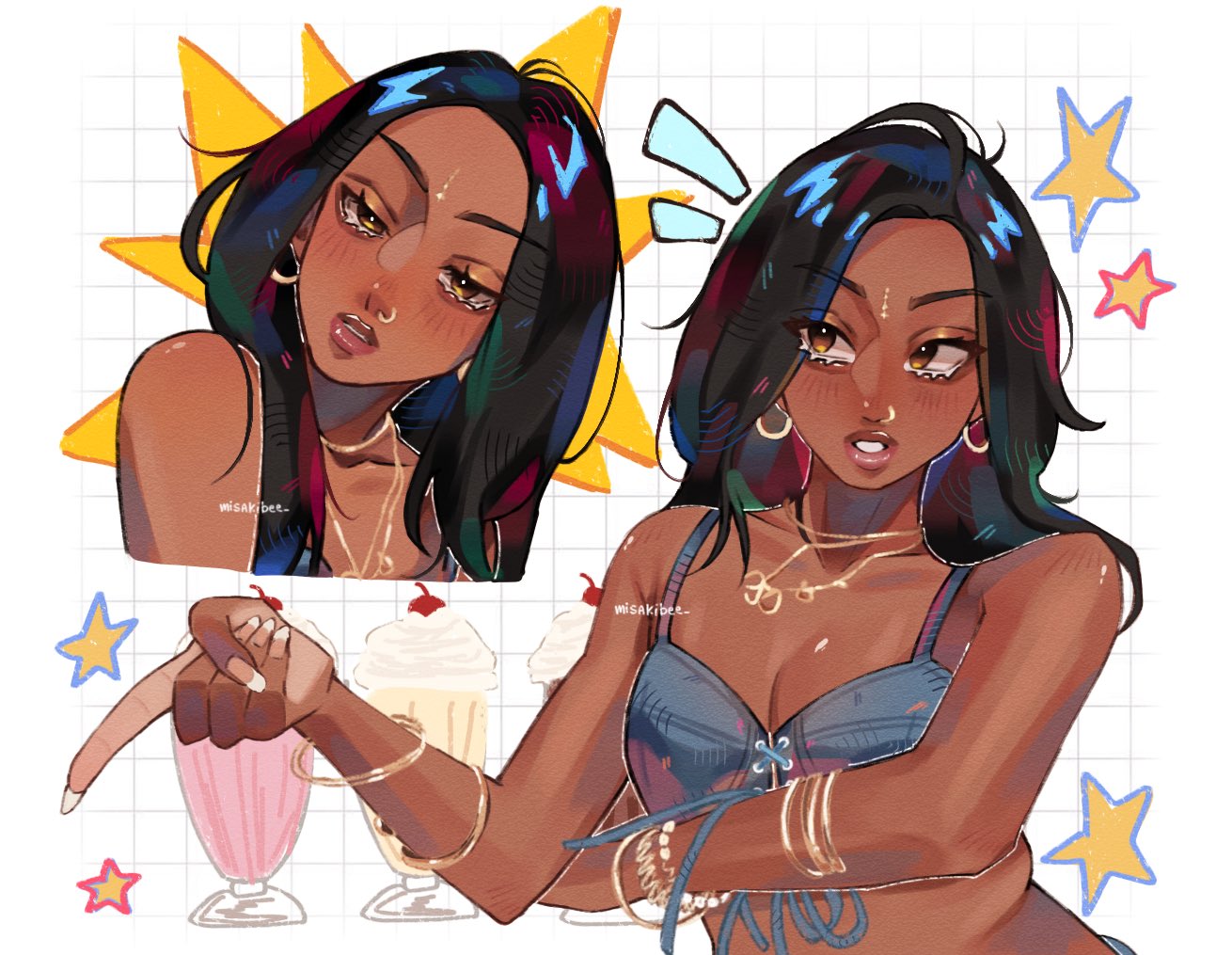 misakibee, real life, commentary, english commentary, 1girl, arm across waist, bindi, black hair, bracelet, brown eyes, cherry, dark-skinned female, dark skin, earrings, face piercing, food, fruit, gold bracelet, hoop earrings, jewelry, katseye, lara (katseye), long hair, milkshake, multiple bracelets, necklace, nose piercing, nose ring, piercing, pointing, star (symbol)