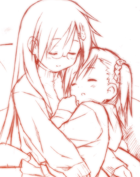 eretto, miyakawa hikage, miyakawa hinata, lucky star, miyakawa-ke no kuufuku, 00s, 10s, 2girls, closed eyes, glasses, hair ornament, hairclip, hug, monochrome, multiple girls, red theme, siblings, sisters, sleeping