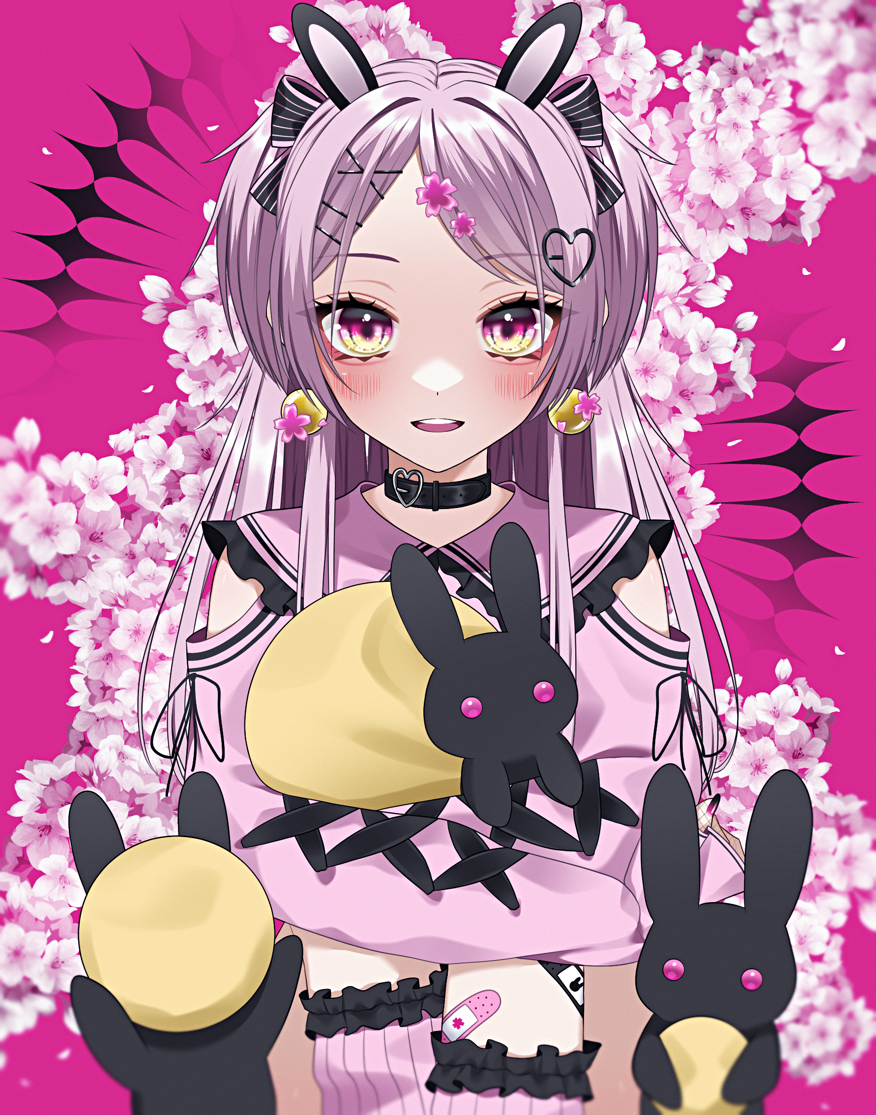 wanko (yurika0320), original, commentary, highres, 1girl, animal ears, arm cutout, bandaid, belt collar, black collar, black nails, blush, clothing cutout, collar, dot nose, dress, earrings, eyelashes, fake animal ears, fingernails, flower, flower hairpin, frilled sailor collar, frilled socks, frills, gradient eyes, hair ornament, heart hairclip, hugging own legs, jewelry, long sleeves, looking at viewer, multicolored eyes, multicolored nails, open mouth, parted bangs, pink background, pink dress, pink eyes, pink nails, pink socks, rabbit ears, sailor collar, sidelocks, smile, socks, solo, stuffed animal, stuffed rabbit, stuffed toy, teeth, two-tone nails, two side up, upper teeth only, x hair ornament, yellow eyes