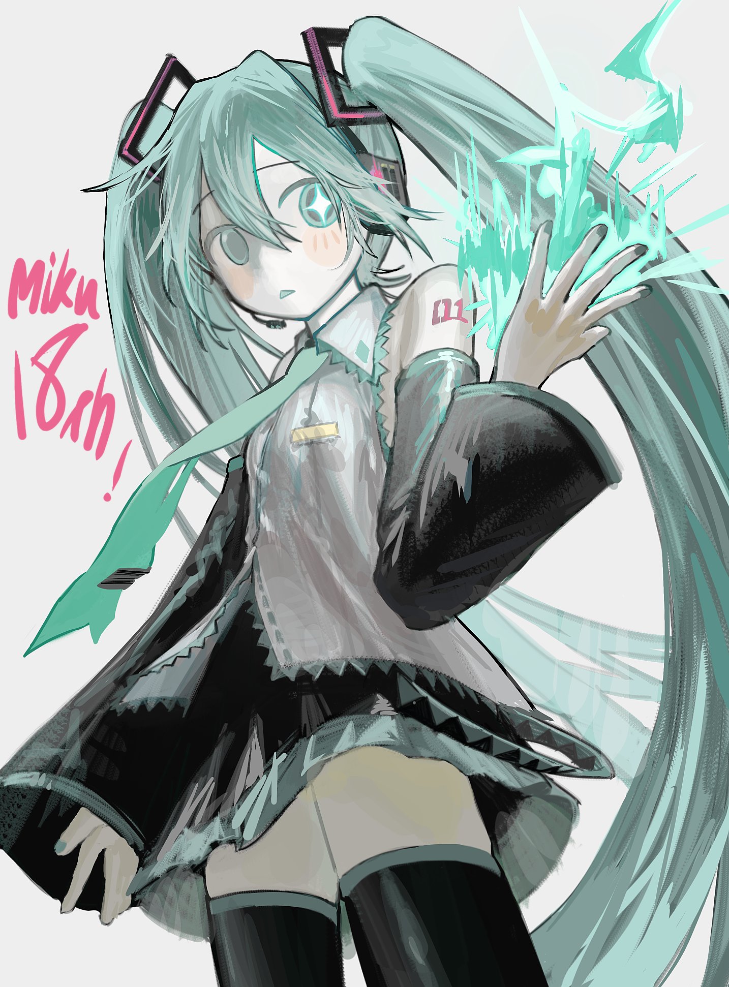 giv 81, hatsune miku, vocaloid, highres, 1girl, aqua eyes, aqua hair, aqua nails, aqua necktie, bare shoulders, black skirt, black sleeves, black thighhighs, blush, collared shirt, cowboy shot, detached sleeves, grey shirt, hair between eyes, hair ornament, hand up, headphones, headset, long hair, looking at viewer, nail polish, necktie, number tattoo, pleated skirt, shirt, simple background, skirt, sleeveless, sleeveless shirt, solo, tattoo, thighhighs, tie clip, twintails, very long hair, white background, zettai ryouiki