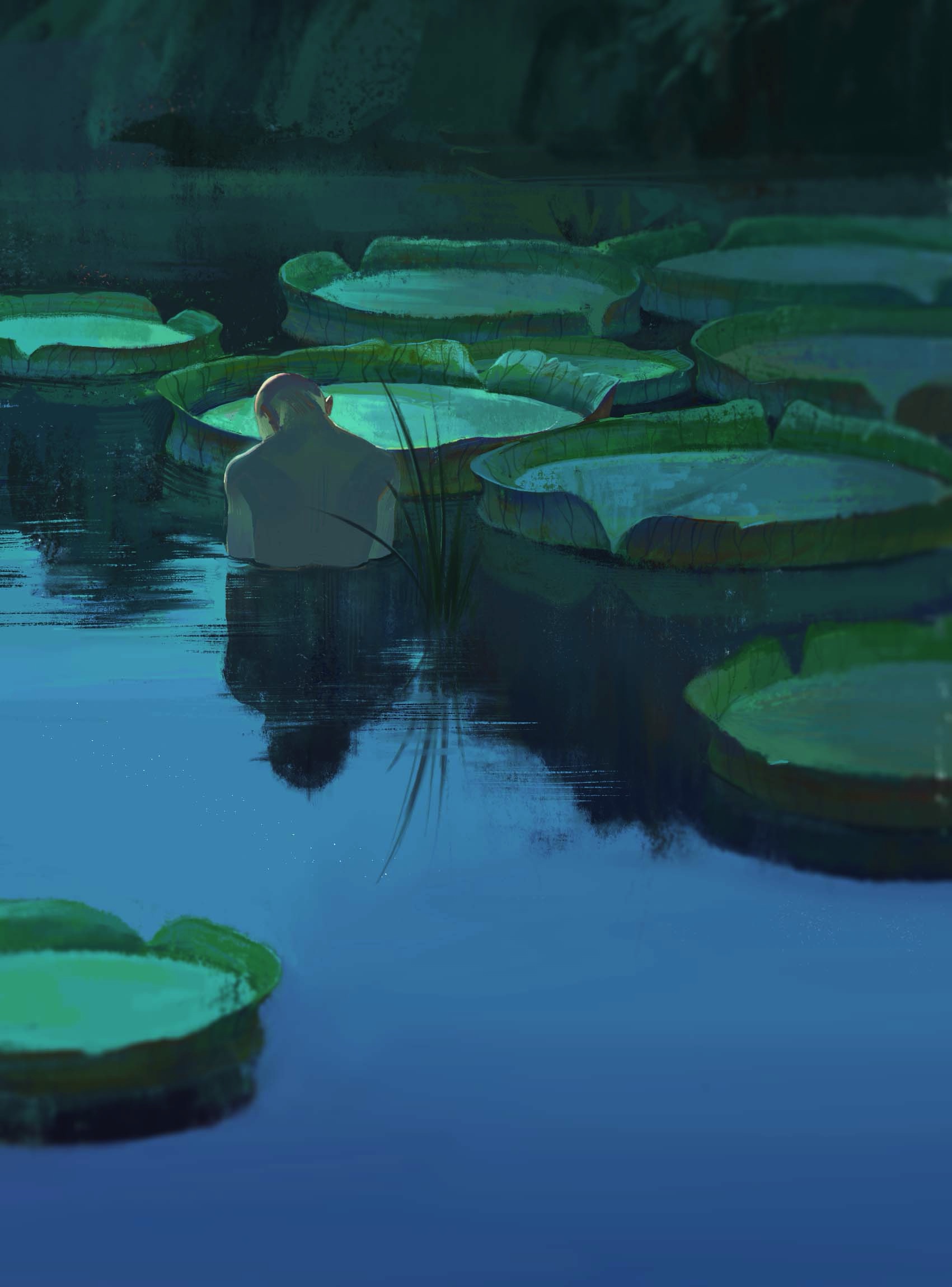 sleell11, original, highres, plant request, 1other, ambiguous gender, androgynous, bald, bathing, completely nude, from behind, grass, in water, lake, lily pad, looking down, mountain, nature, nude, other focus, outdoors, reeds, reflection, reflective water, ripples, scenery, sky, water