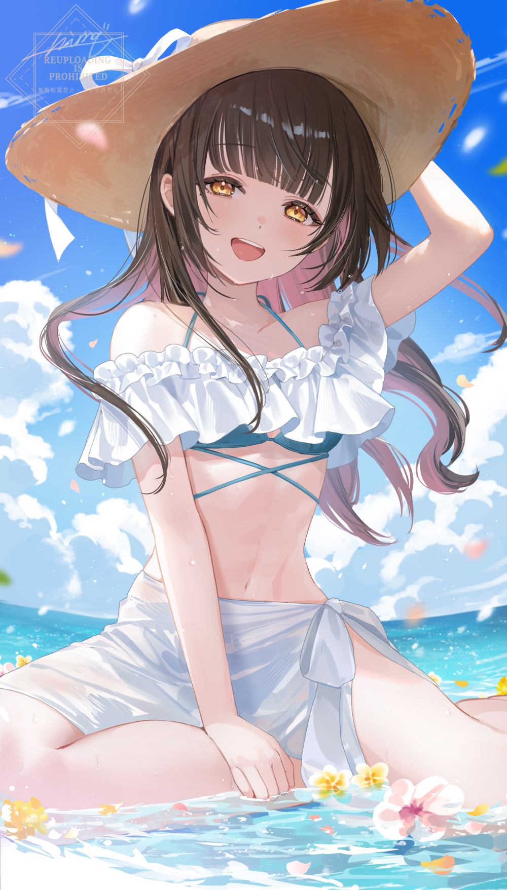nima (niru54), original, commentary request, highres, 1girl, bikini, blue bikini, blue sky, breasts, brown hair, cloud, colored inner hair, day, hat, horizon, long hair, looking at viewer, multicolored hair, navel, ocean, open mouth, outdoors, petals, pink hair, shallow water, sitting, sky, small breasts, smile, solo, straw hat, swimsuit, teeth, two-tone hair, upper teeth only, water