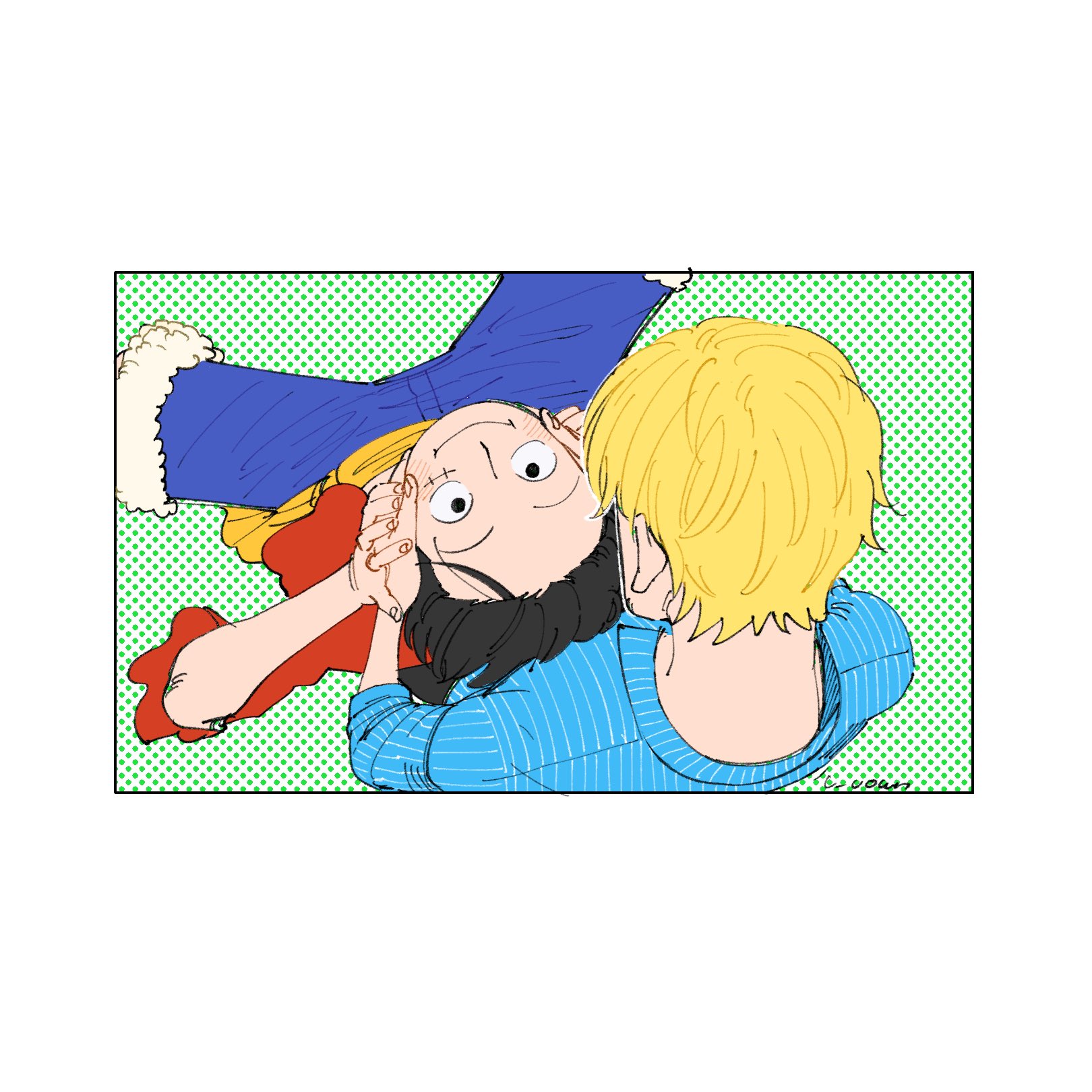 u uown, monkey d. luffy, sanji (one piece), one piece, commentary request, highres, 2boys, black eyes, black hair, blonde hair, blue pants, blue shirt, closed mouth, collared shirt, facial scar, fur-trimmed pants, fur trim, hand on another's face, hand on another's hand, looking up, male focus, multiple boys, pants, pinstripe pattern, pinstripe shirt, red shirt, sash, scar, scar on cheek, scar on face, shirt, sitting, smile, white background, yaoi, yellow sash
