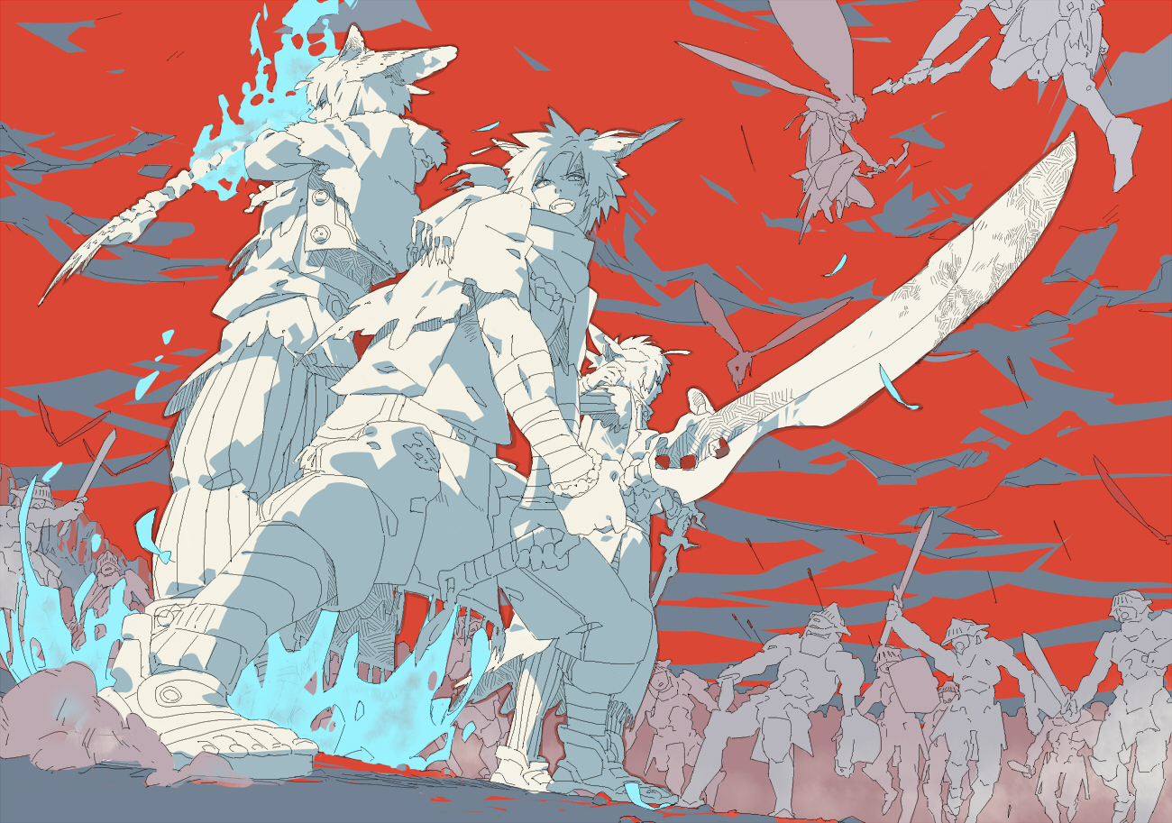 honya lala, pixiv fantasia, pixiv fantasia 1, 6+boys, animal ears, armor, arrow (projectile), battle, male focus, multiple boys, sword, warrior, weapon, wings