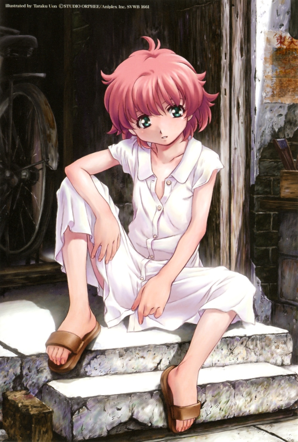 uon taraku, anita king, r.o.d the tv, read or die, highres, official art, scan, 00s, 1girl, aqua eyes, bob cut, child, dress, feet, female focus, flat chest, no bra, outdoors, pink hair, sandals, short hair, sitting, smile, solo, spread legs, stairs, toes, unbuttoned