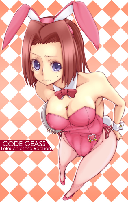 kannagi kaname, kouzuki kallen, code geass, 00s, 1girl, animal ears, between breasts, breasts, cleavage, fake animal ears, female focus, foreshortening, large breasts, leotard, pantyhose, pink pantyhose, playboy bunny, rabbit ears, solo