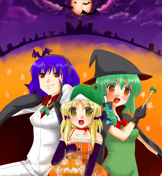 kochiya sanae, moriya suwako, yasaka kanako, touhou, 3girls, animal, bandana, bat (animal), black gloves, blonde hair, blush, cape, cowboy shot, dress, female focus, flying, full moon, gloves, green dress, halloween costume, hat, holding, jack-o'-lantern, looking at viewer, moon, multiple girls, pumpkin, purple hair, red eyes, short hair, stick, tareme, wand, witch hat, yellow eyes