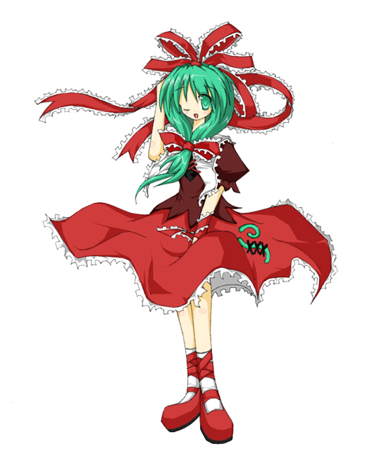 kagiyama hina, touhou, 1girl, dress, female focus, frills, front ponytail, full body, green eyes, green hair, looking at viewer, mary janes, matching hair/eyes, puffy short sleeves, puffy sleeves, red dress, shawl, shoes, short hair, short sleeves, simple background, solo, standing, white background, wind, wind lift, wrist cuffs